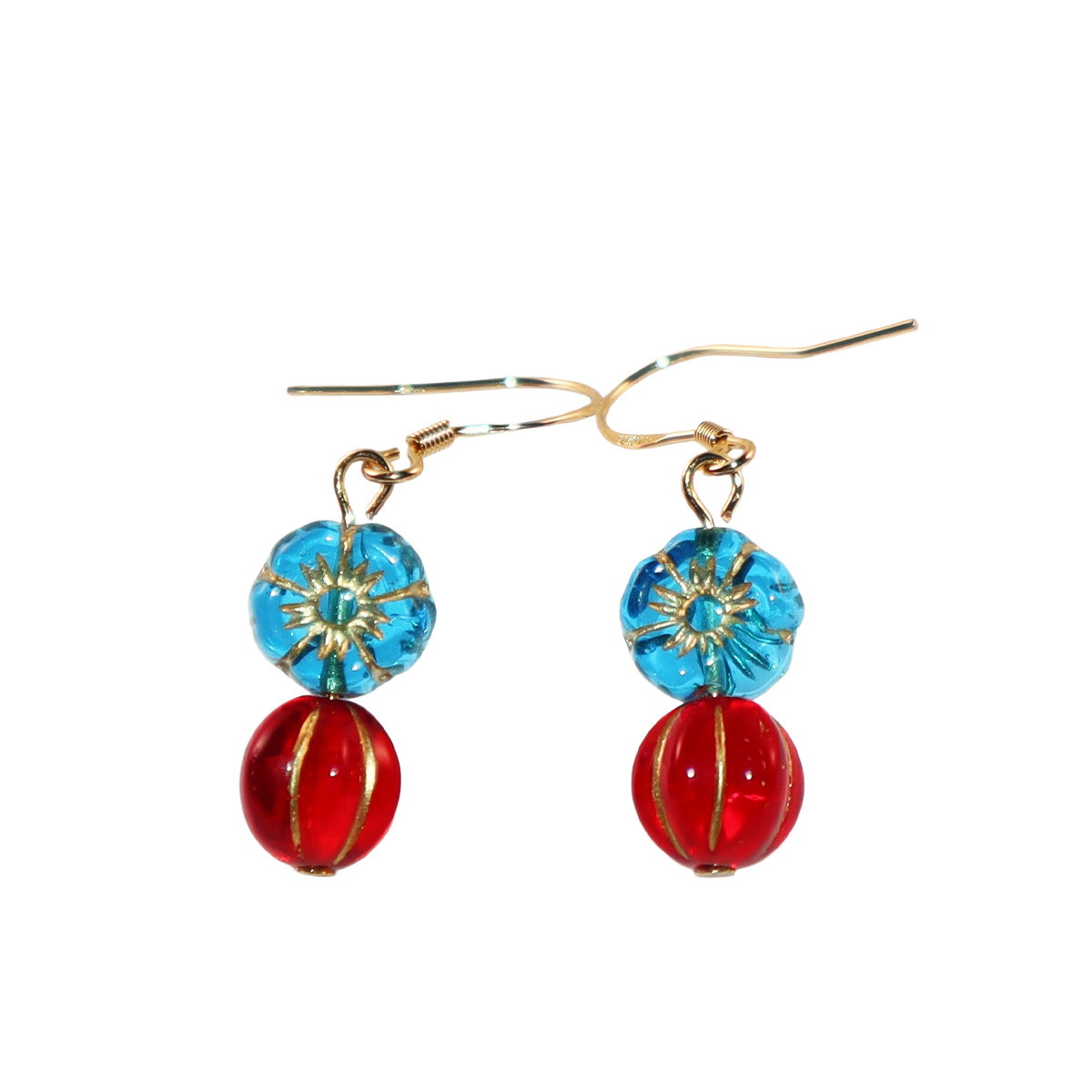 Beaded Earrings – Blue Flower and Red Accent Beads
