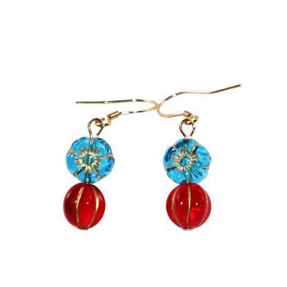 Beaded Earrings – Blue Flower and Red Accent Beads