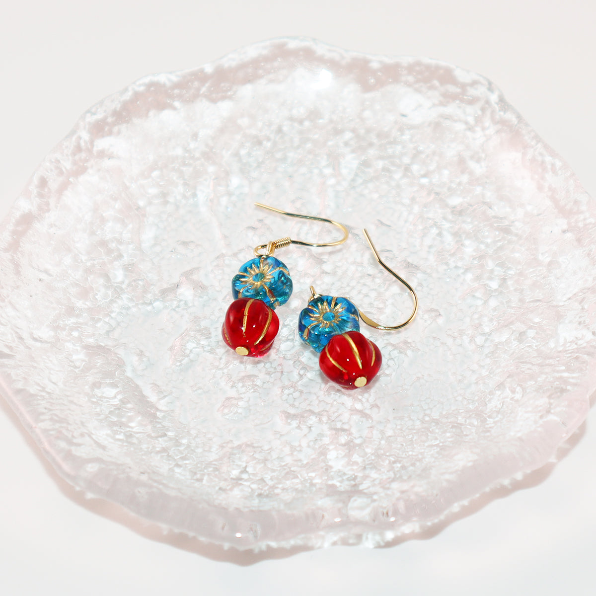 Beaded Earrings – Blue Flower and Red Accent Beads