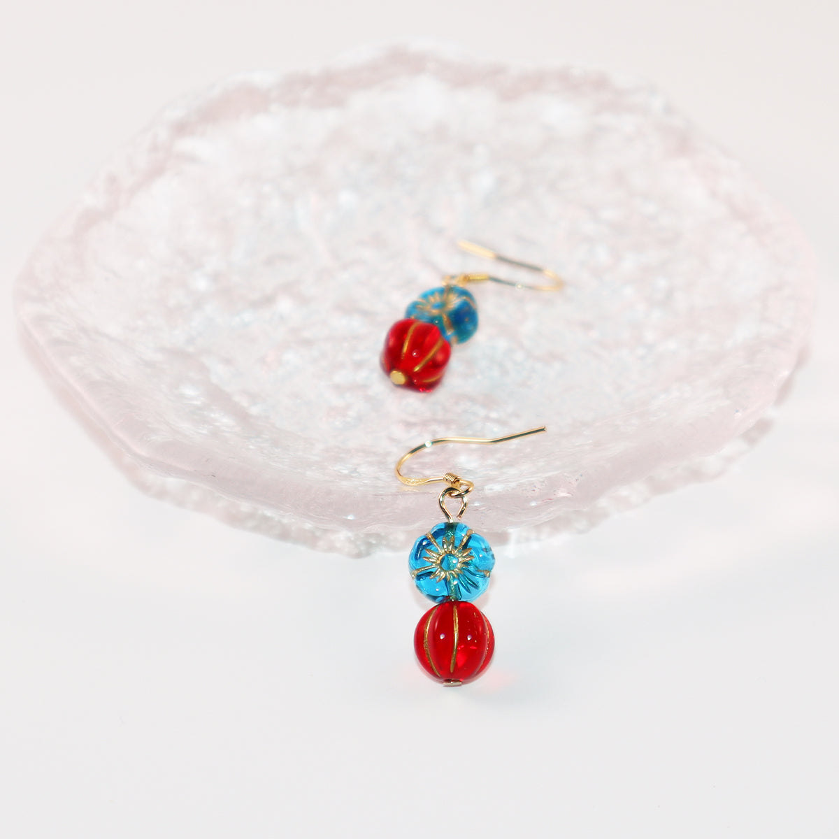 Beaded Earrings – Blue Flower and Red Accent Beads