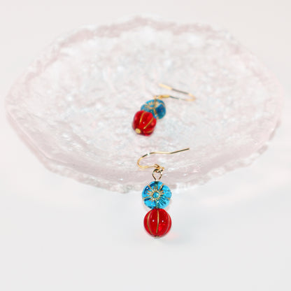 Beaded Earrings – Blue Flower and Red Accent Beads