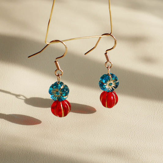 Beaded Earrings – Blue Flower and Red Accent Beads