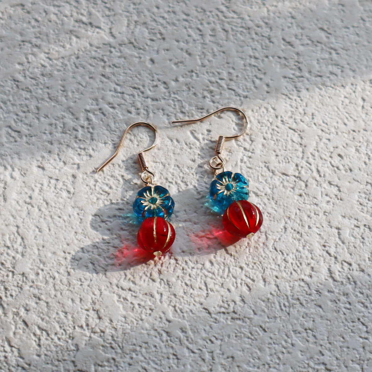 Beaded Earrings – Blue Flower and Red Accent Beads