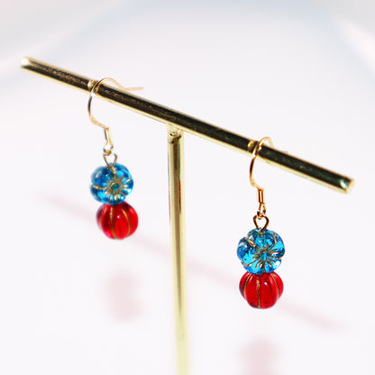 Beaded Earrings – Blue Flower and Red Accent Beads