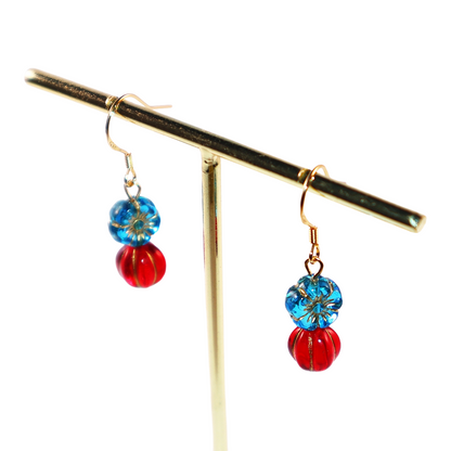 Beaded Earrings – Blue Flower and Red Accent Beads