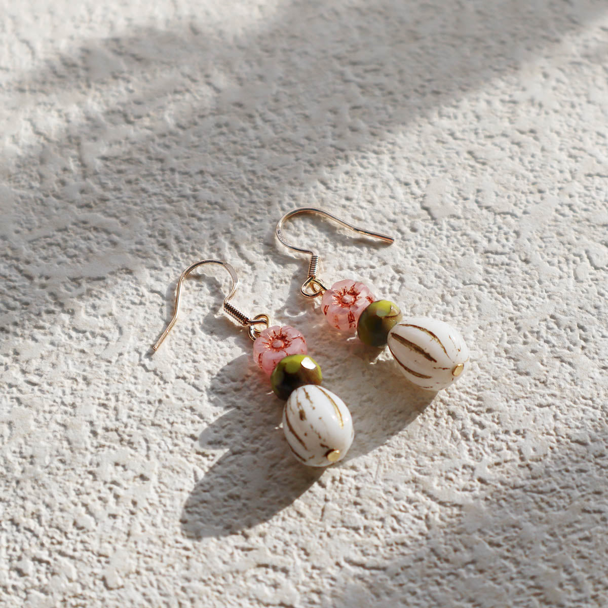 Beaded Earrings – Pink Flower, Green, White Beads
