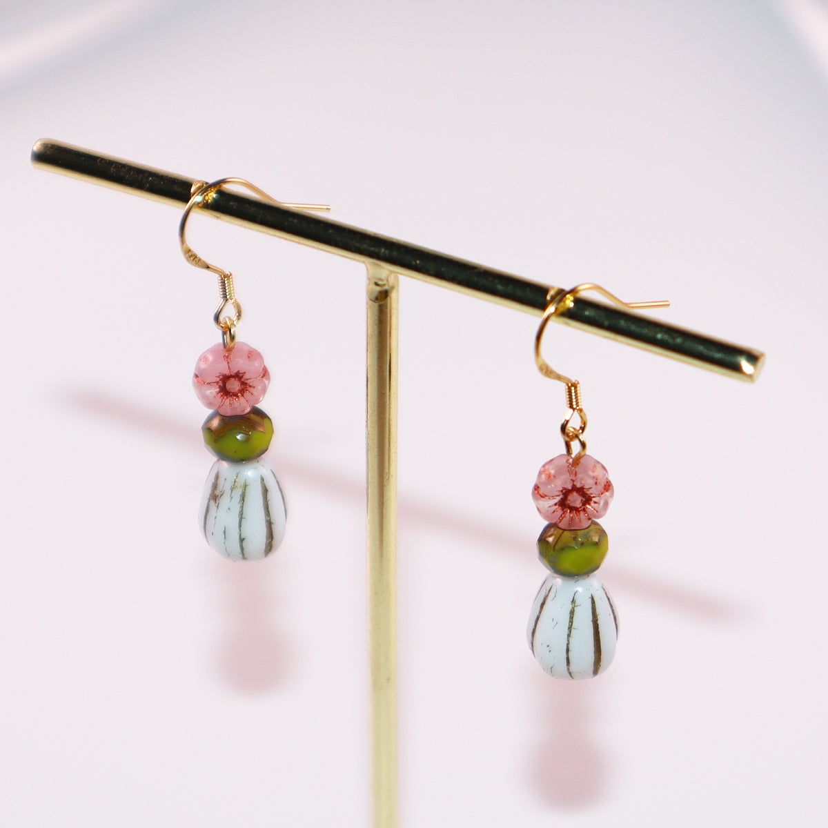 Beaded Earrings – Pink Flower, Green, White Beads