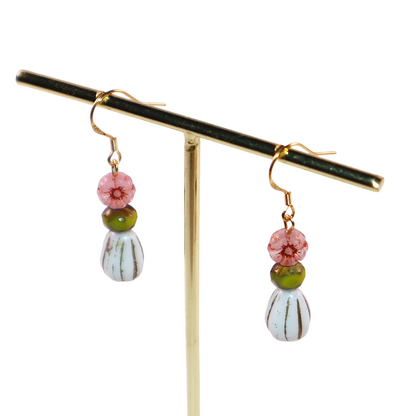 Beaded Earrings – Pink Flower, Green, White Beads