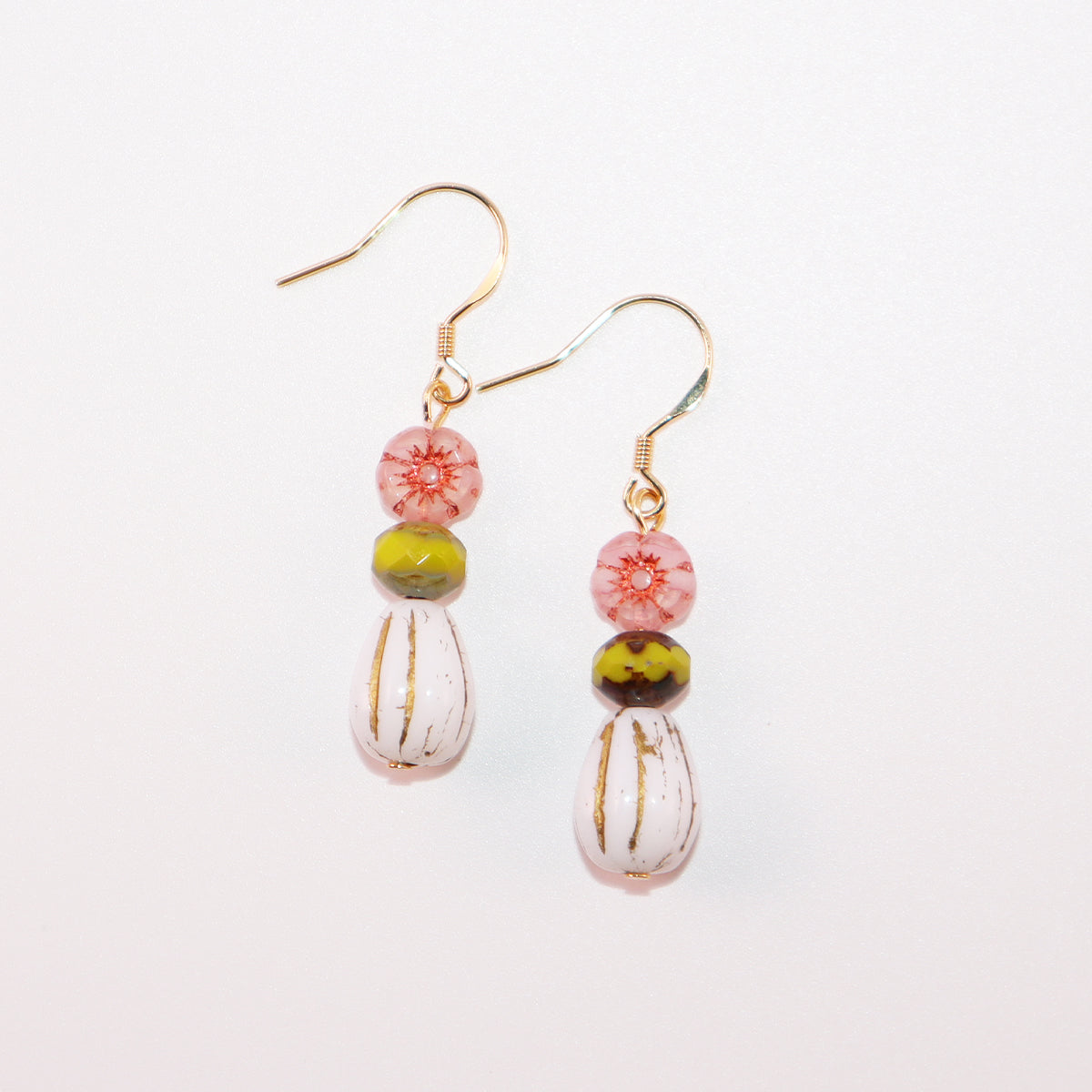 Beaded Earrings – Pink Flower, Green, White Beads