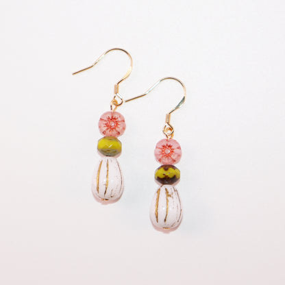 Beaded Earrings – Pink Flower, Green, White Beads