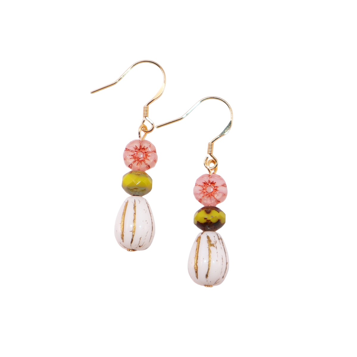 Beaded Earrings – Pink Flower, Green, White Beads