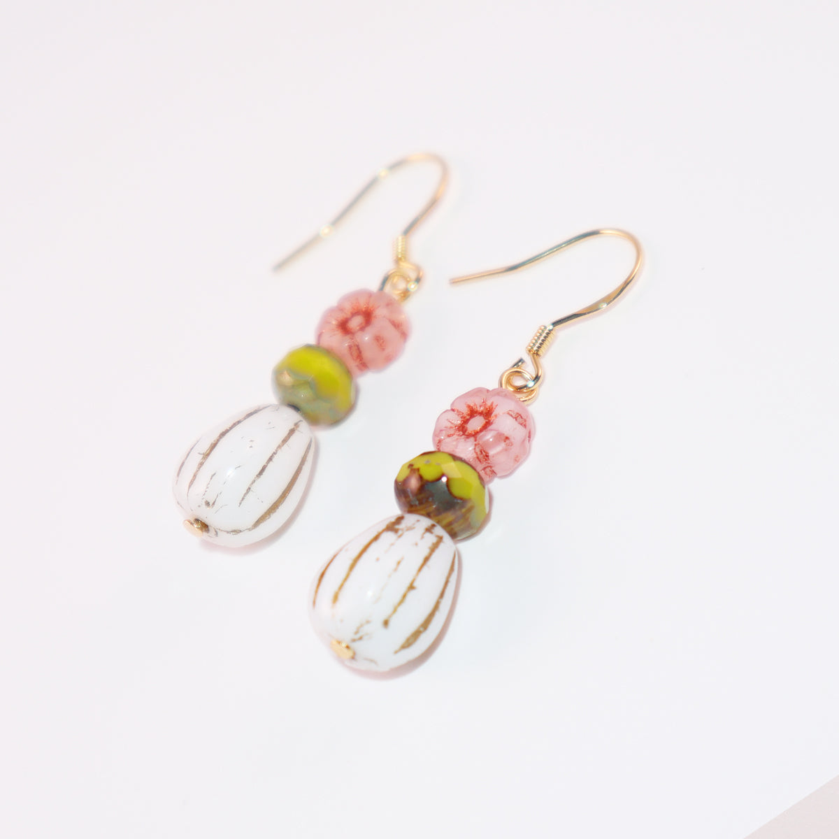 Beaded Earrings – Pink Flower, Green, White Beads