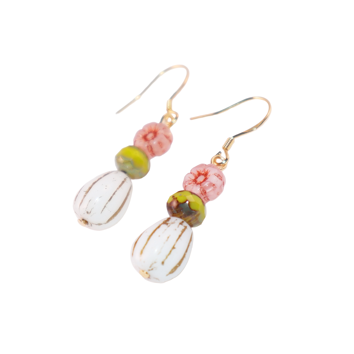 Beaded Earrings – Pink Flower, Green, White Beads