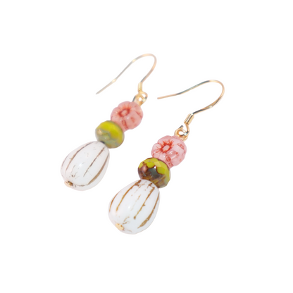 Beaded Earrings – Pink Flower, Green, White Beads