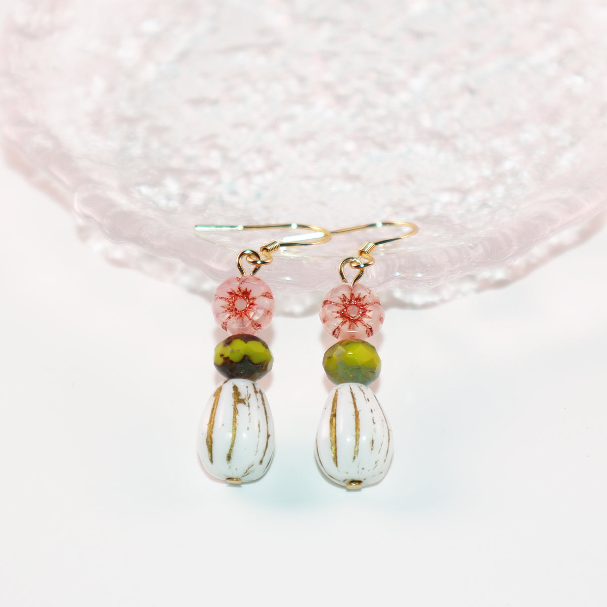 Beaded Earrings – Pink Flower, Green, White Beads