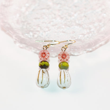Beaded Earrings – Pink Flower, Green, White Beads