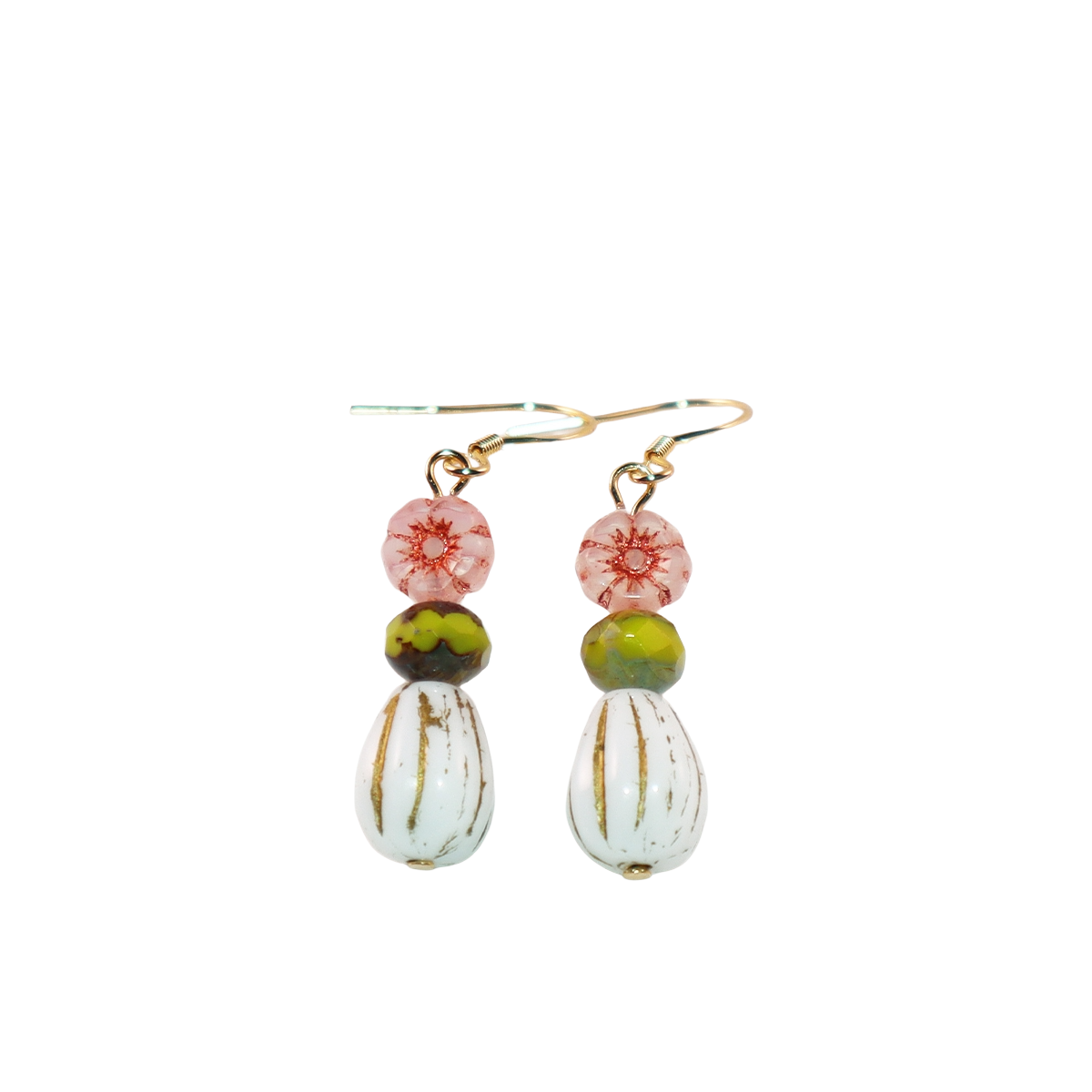 Beaded Earrings – Pink Flower, Green, White Beads