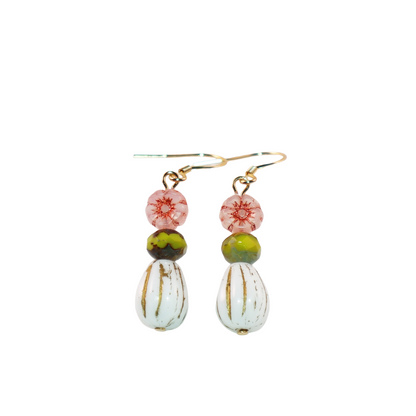 Beaded Earrings – Pink Flower, Green, White Beads