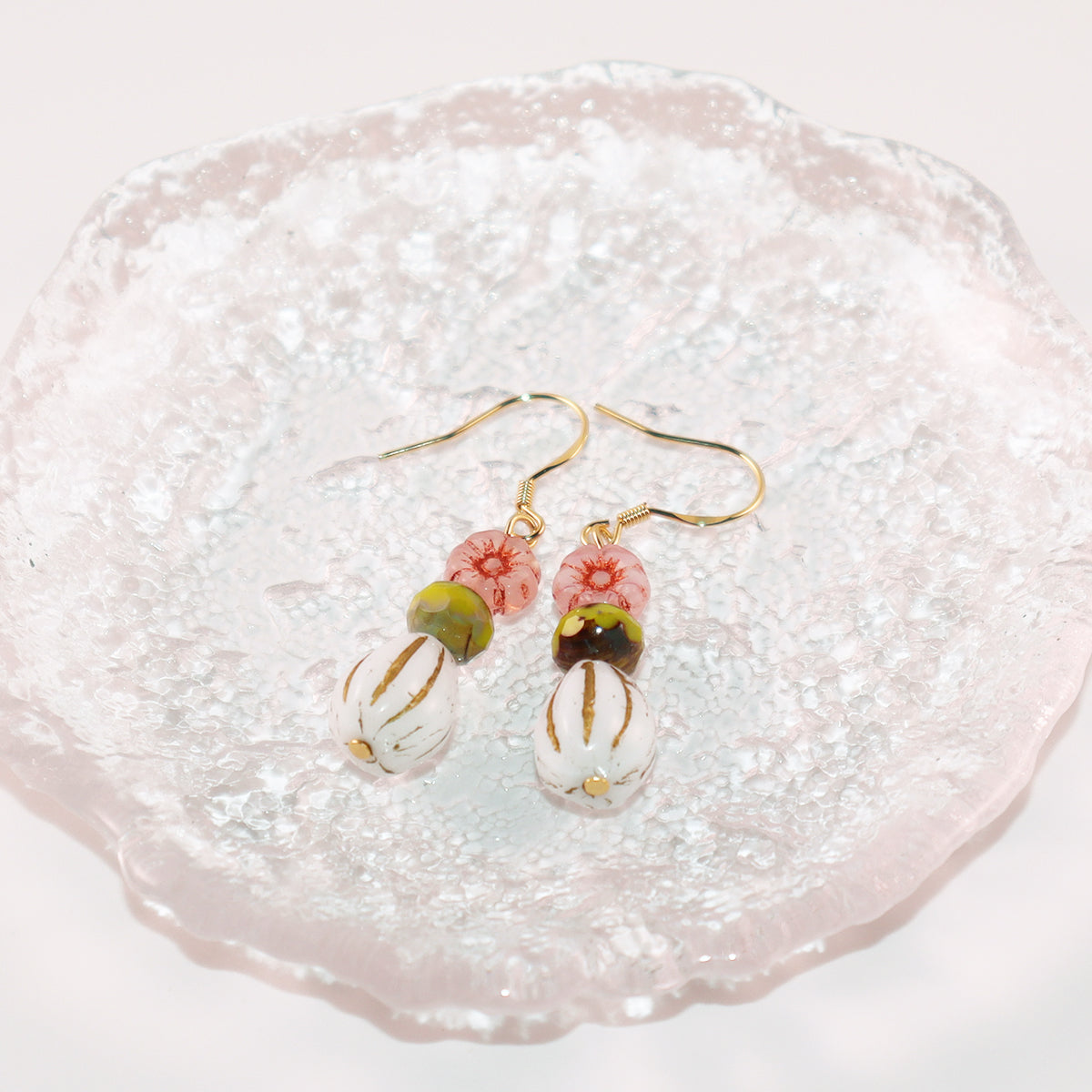 Beaded Earrings – Pink Flower, Green, White Beads