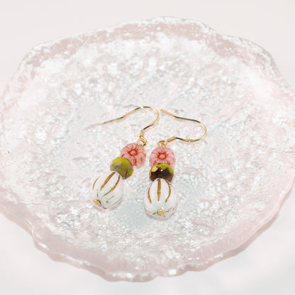 Beaded Earrings – Pink Flower, Green, White Beads
