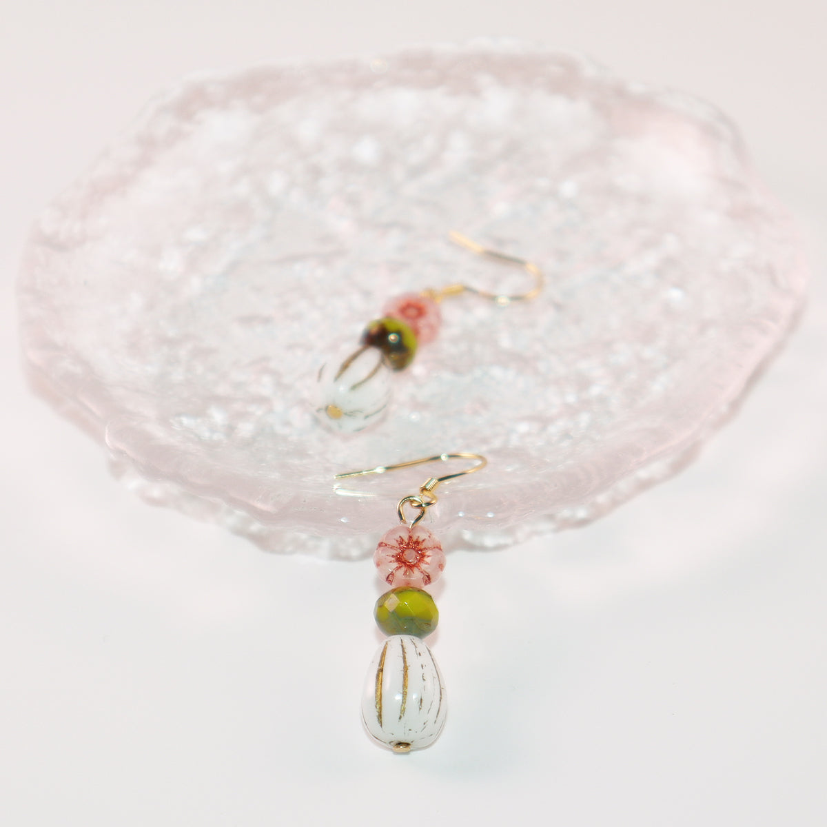Beaded Earrings – Pink Flower, Green, White Beads