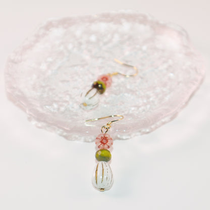 Beaded Earrings – Pink Flower, Green, White Beads