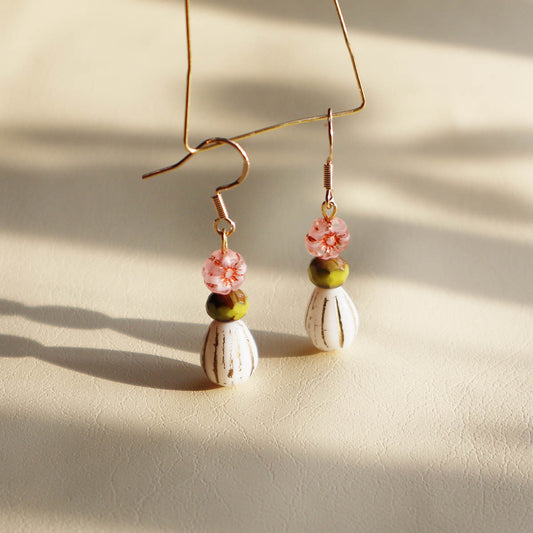 Beaded Earrings – Pink Flower, Green, White Beads