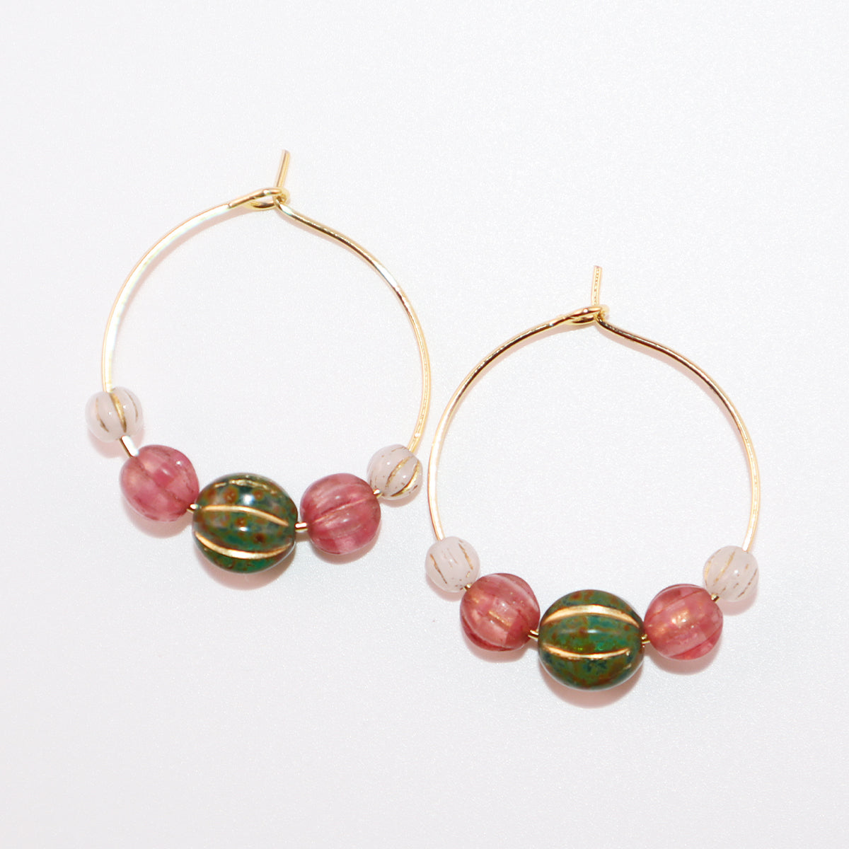 Beaded Hoop Earrings – Green Bead with Pink and White Beads