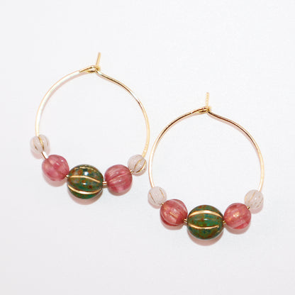 Beaded Hoop Earrings – Green Bead with Pink and White Beads