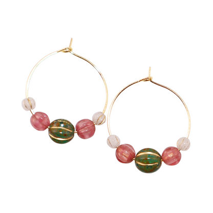 Beaded Hoop Earrings – Green Bead with Pink and White Beads