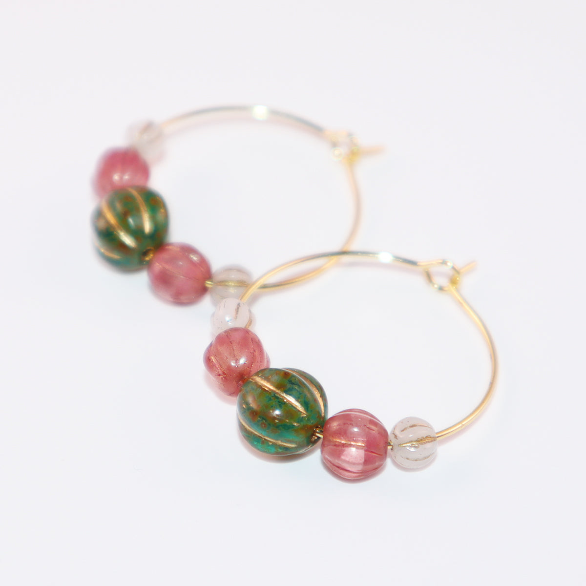 Beaded Hoop Earrings – Green Bead with Pink and White Beads
