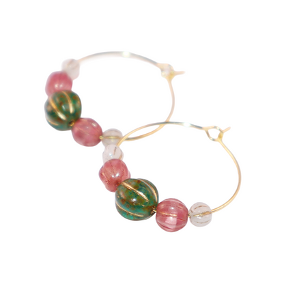 Beaded Hoop Earrings – Green Bead with Pink and White Beads