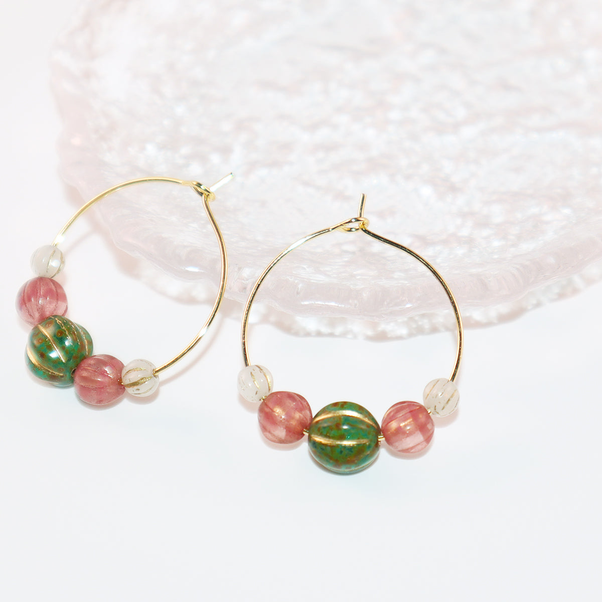Beaded Hoop Earrings – Green Bead with Pink and White Beads