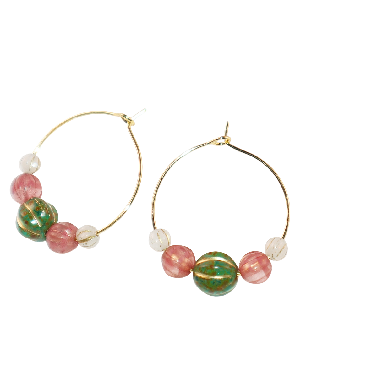 Beaded Hoop Earrings – Green Bead with Pink and White Beads