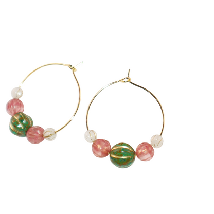 Beaded Hoop Earrings – Green Bead with Pink and White Beads