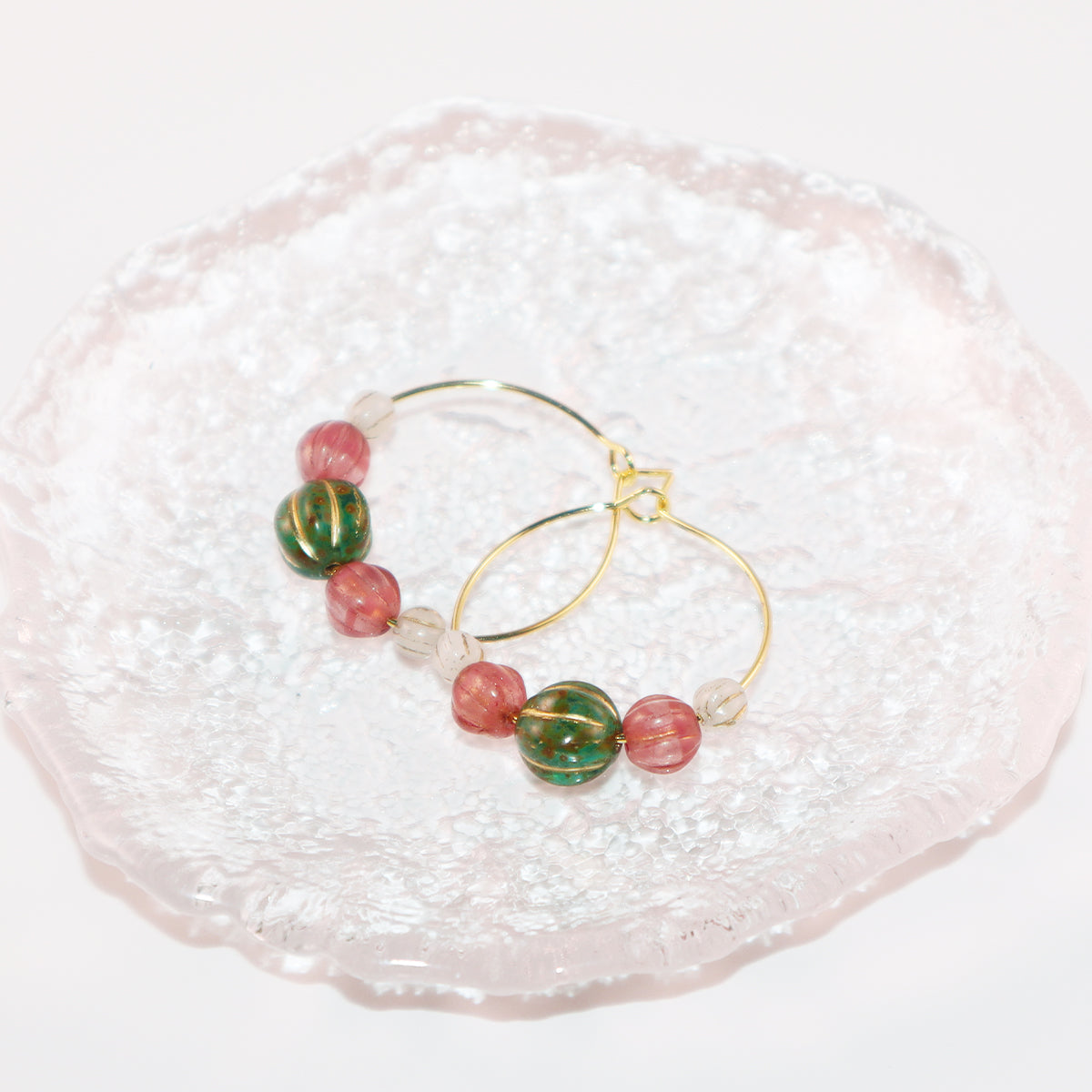 Beaded Hoop Earrings – Green Bead with Pink and White Beads