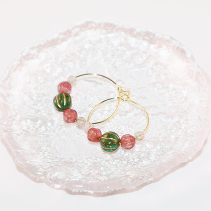 Beaded Hoop Earrings – Green Bead with Pink and White Beads