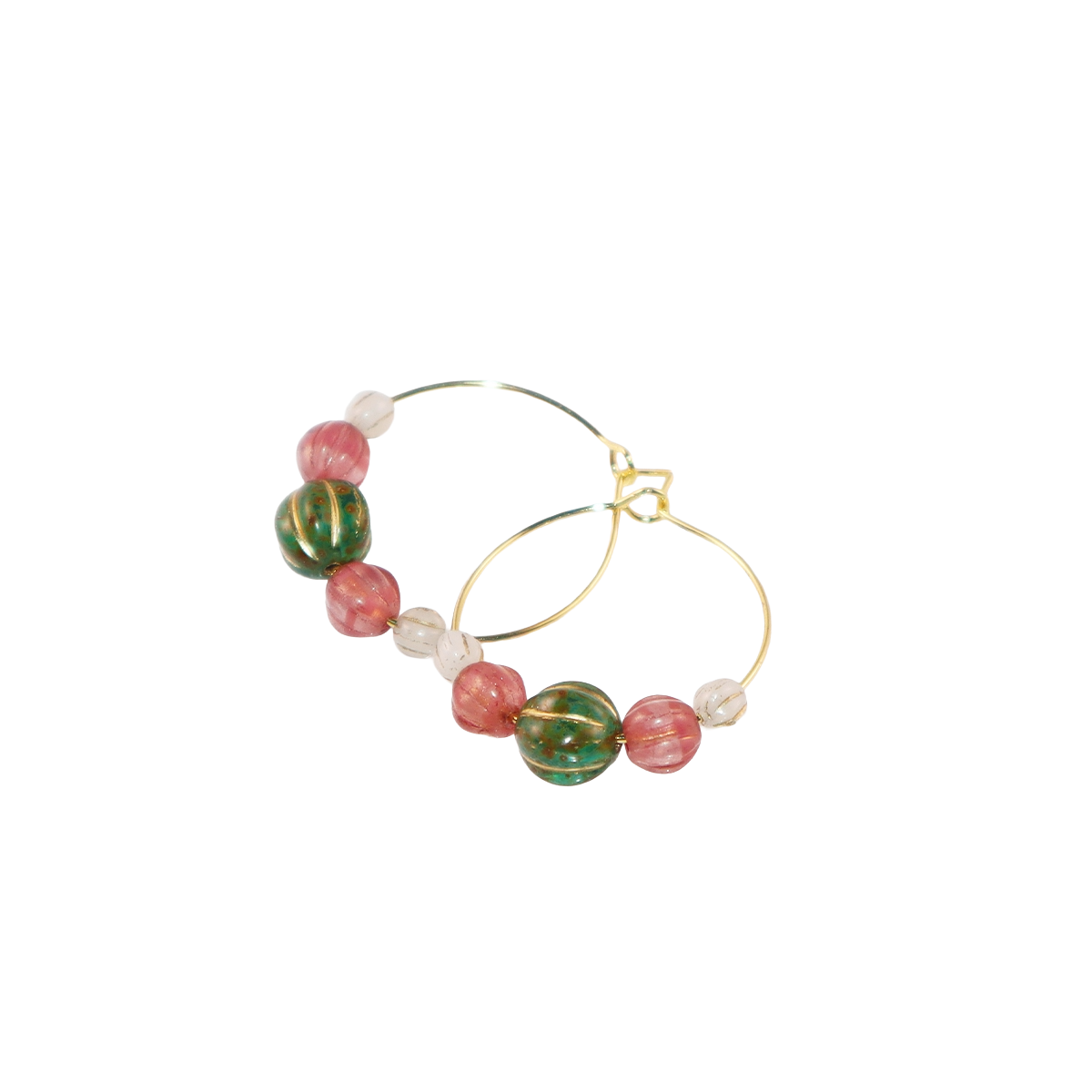 Beaded Hoop Earrings – Green Bead with Pink and White Beads