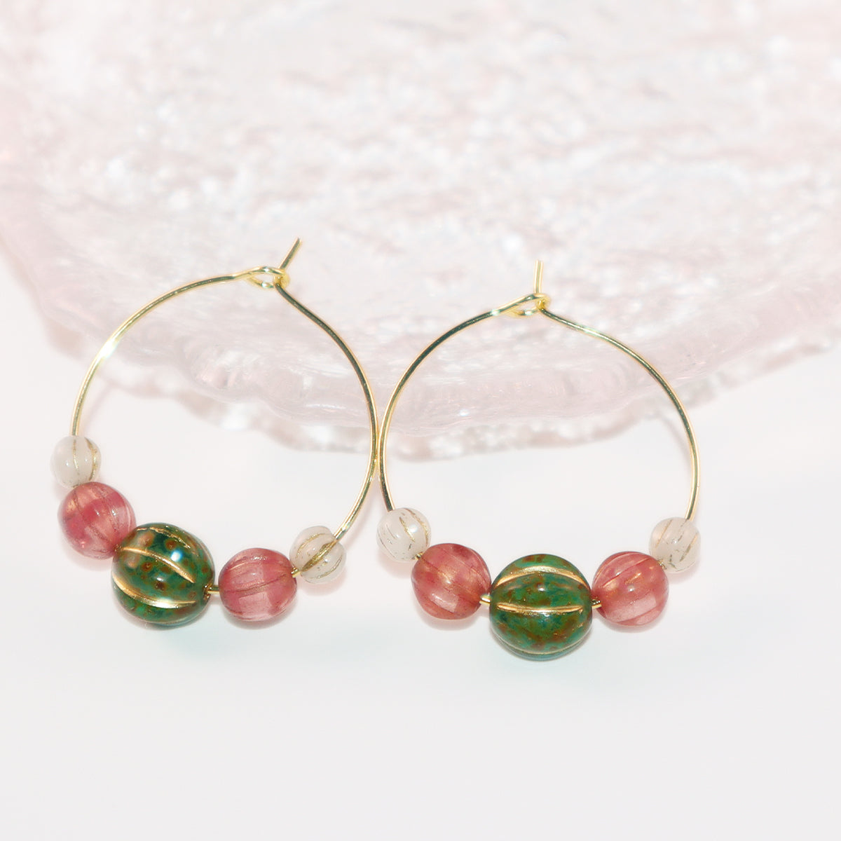 Beaded Hoop Earrings – Green Bead with Pink and White Beads