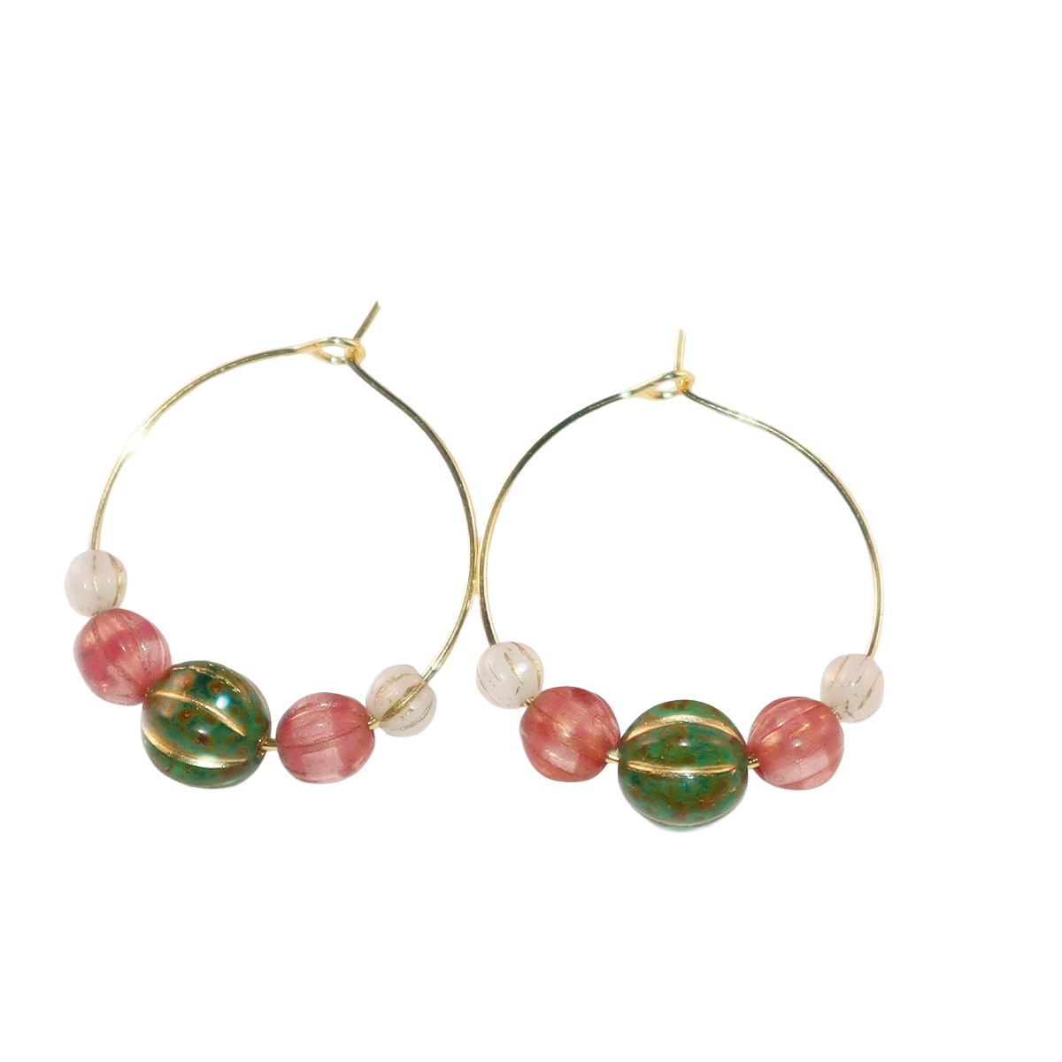 Beaded Hoop Earrings – Green Bead with Pink and White Beads
