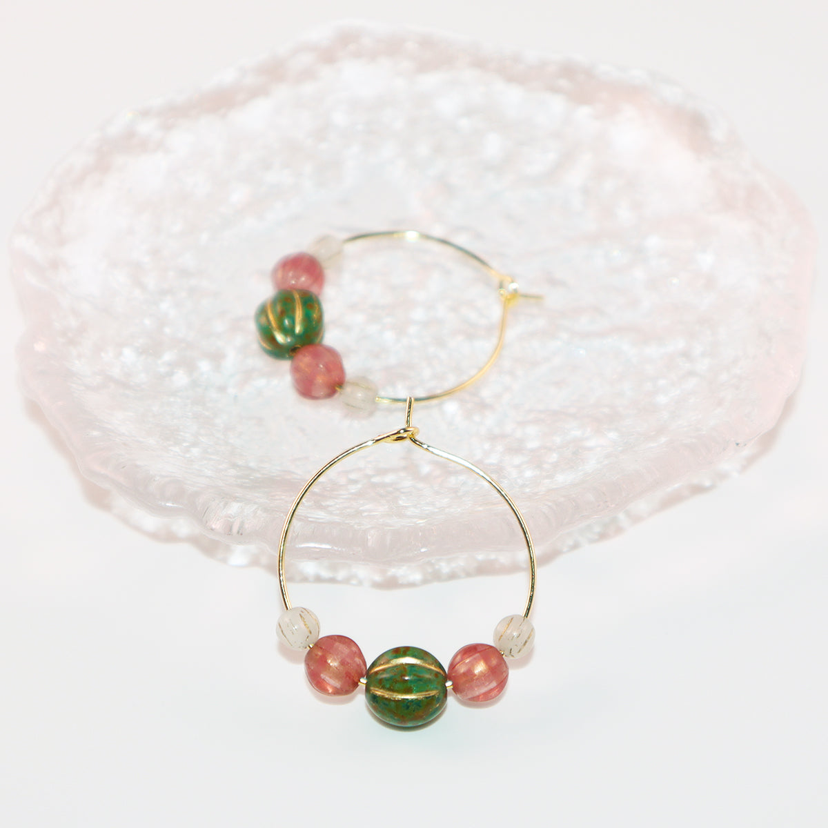 Beaded Hoop Earrings – Green Bead with Pink and White Beads