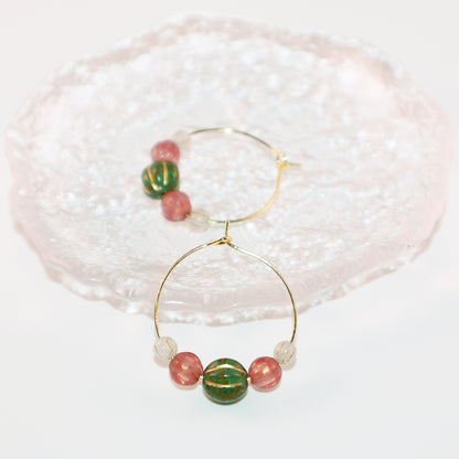 Beaded Hoop Earrings – Green Bead with Pink and White Beads