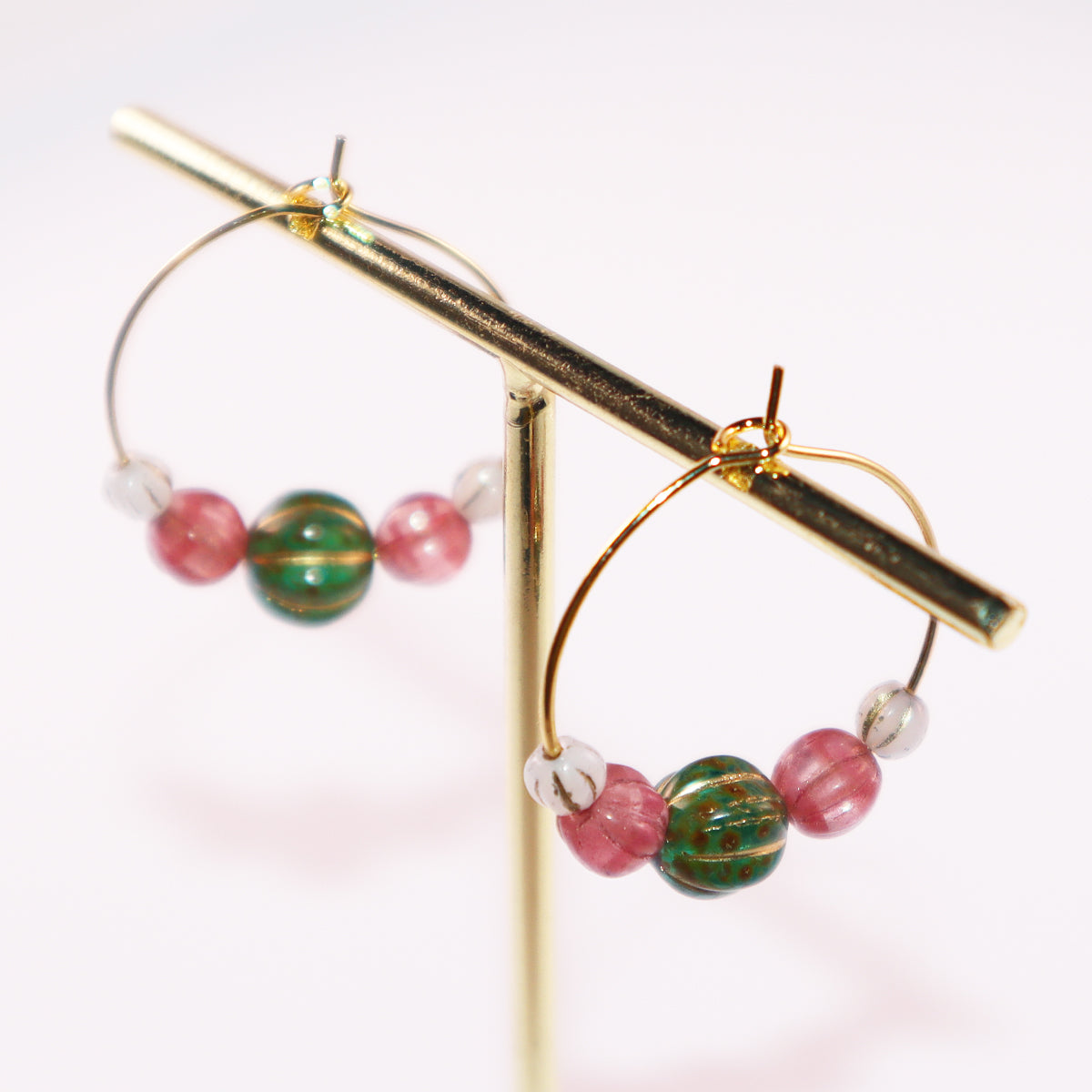 Beaded Hoop Earrings – Green Bead with Pink and White Beads