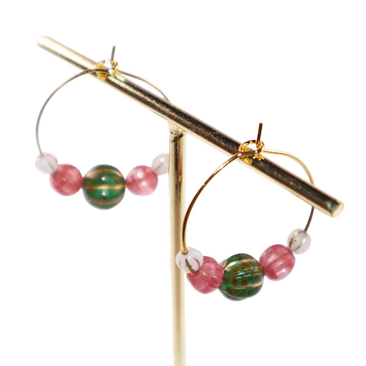 Beaded Hoop Earrings – Green Bead with Pink and White Beads