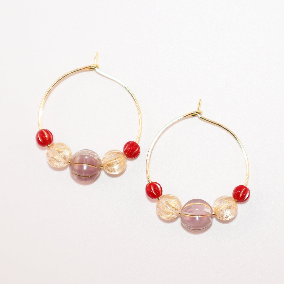 Beaded Hoop Earrings – Lilac Bead with Red and Gold Beads