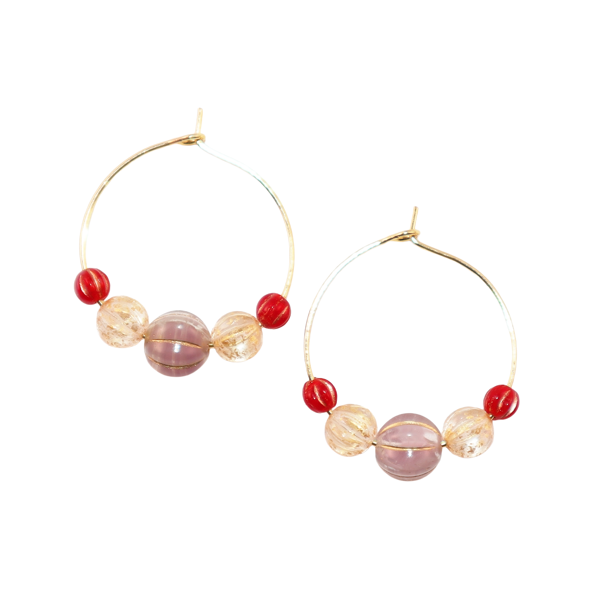 Beaded Hoop Earrings – Lilac Bead with Red and Gold Beads