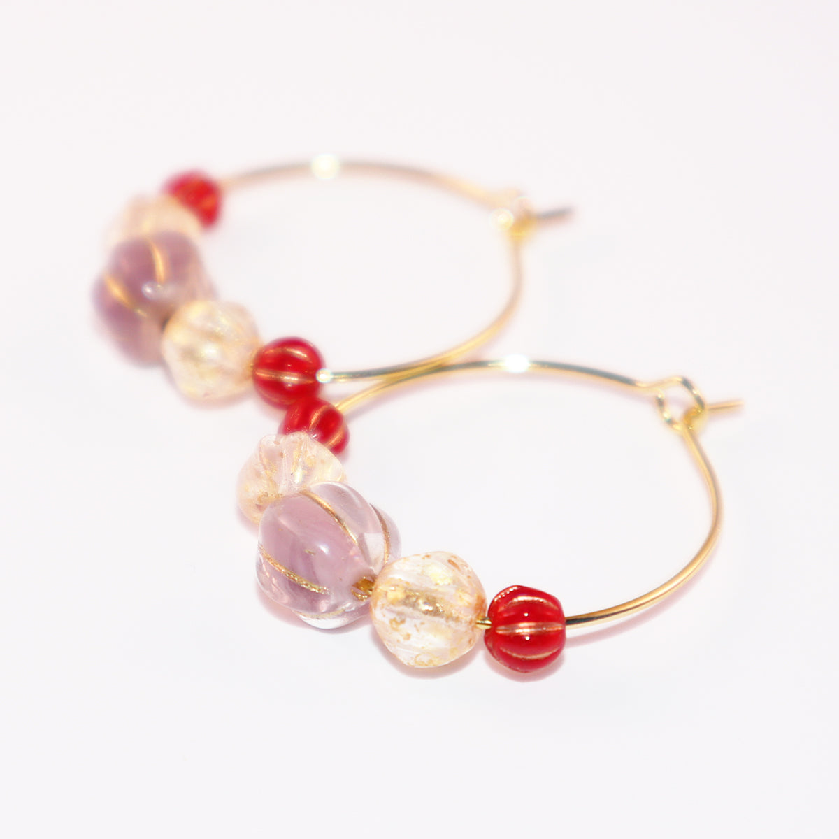 Beaded Hoop Earrings – Lilac Bead with Red and Gold Beads