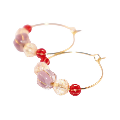 Beaded Hoop Earrings – Lilac Bead with Red and Gold Beads