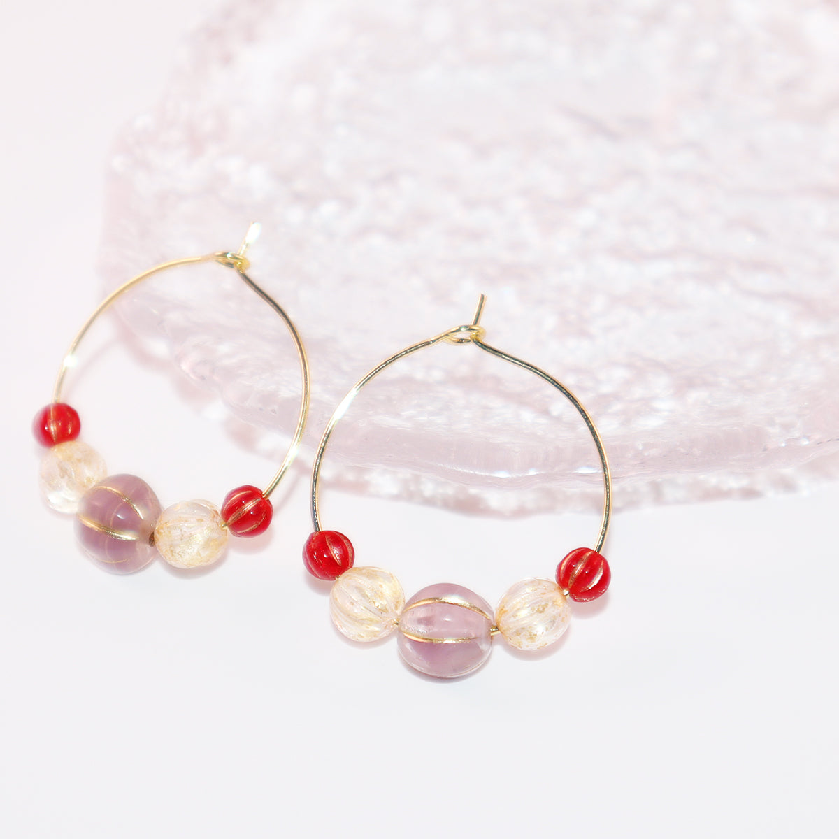 Beaded Hoop Earrings – Lilac Bead with Red and Gold Beads