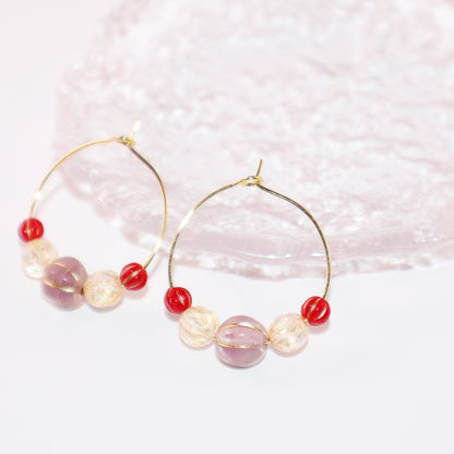 Beaded Hoop Earrings – Lilac Bead with Red and Gold Beads